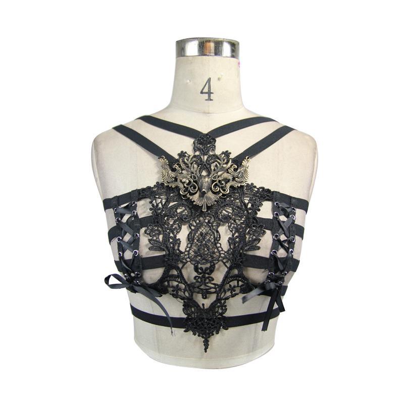 Women's Gothic Lace Chest Harness With Metal Brooch