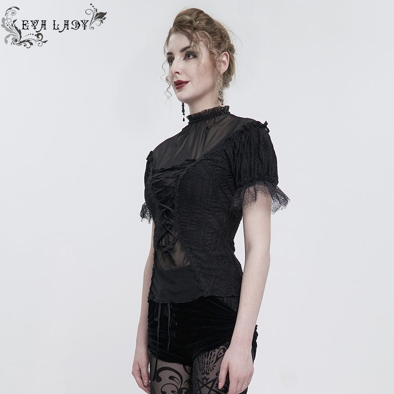 EVA LADY Women's Gothic Strappy Mesh Splice Beaded Shirt