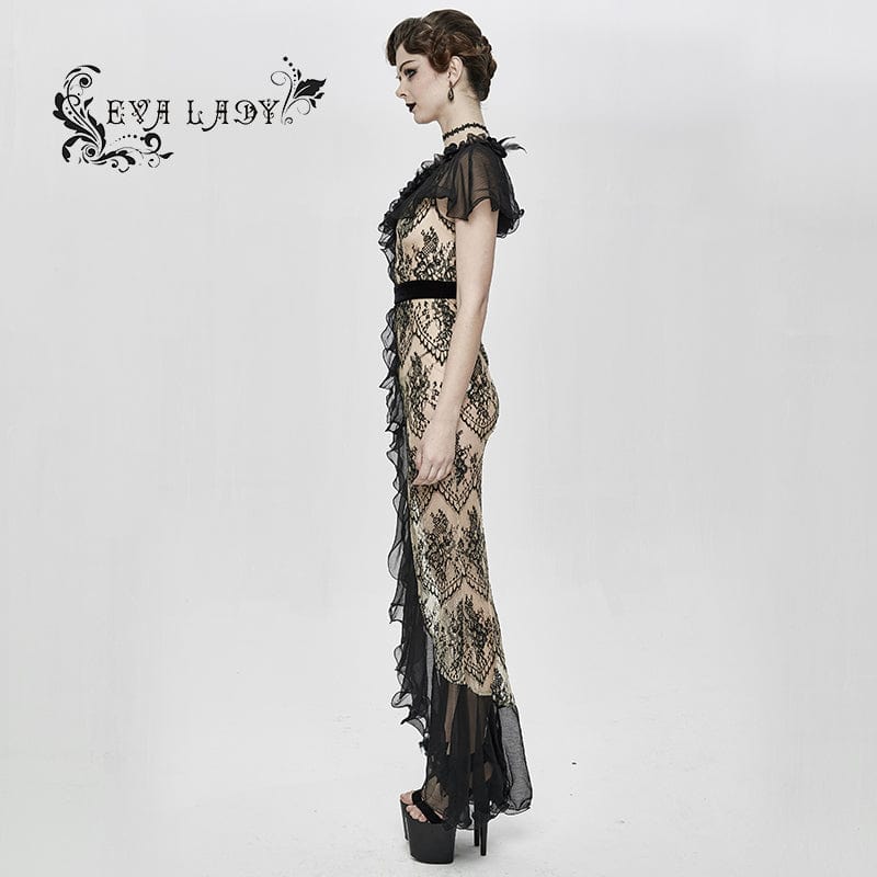 EVA LADY Women's Gothic Turn-down Collar Sheer Floral Lace Dovetail Dress