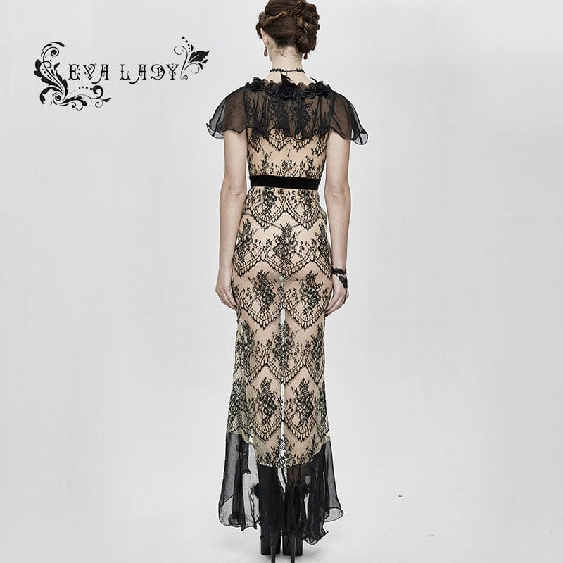 EVA LADY Women's Gothic Turn-down Collar Sheer Floral Lace Dovetail Dress