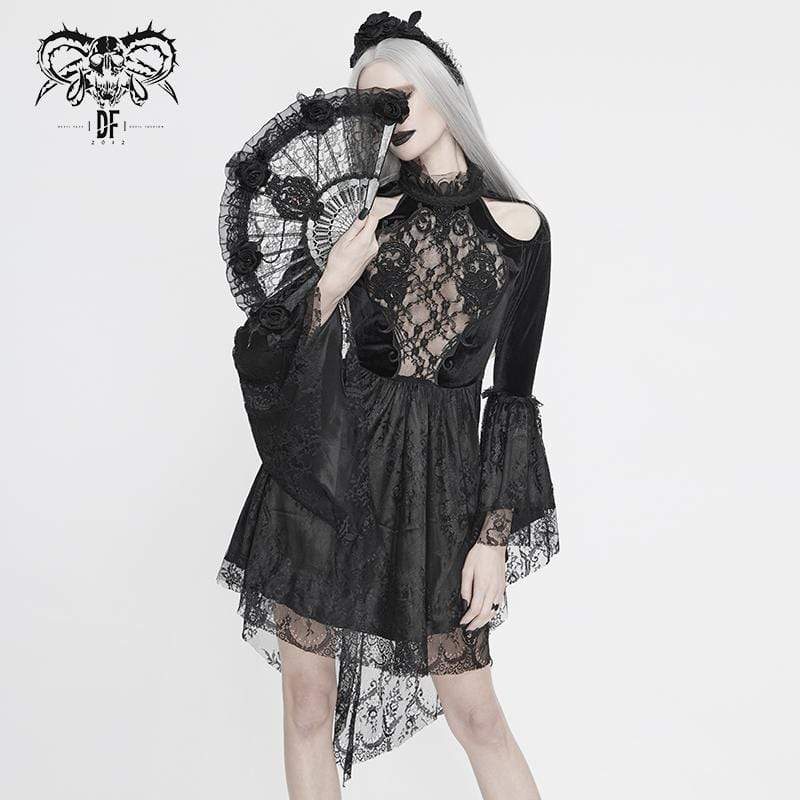 Women's Vintage Gothic Black Lace Over-lay Short Dress with Full Flared Sleeves Wedding Dress