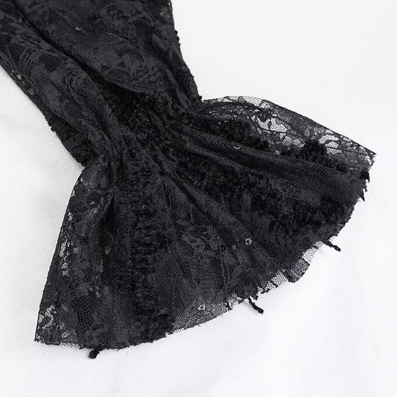 Women's Vintage Gothic Black Velvet and Lace Top with Lace Ruffled Sleeves