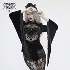 Women's Vintage Gothic Black Velvet with Baroque Embroidered Lace Inset Full Sleeves Tops