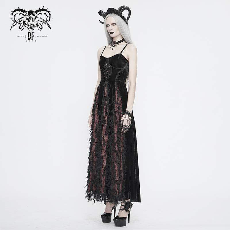 Women's Vintage Gothic Wedding Dresses Black and Red Velvet and Lace Ankle Length Dresses