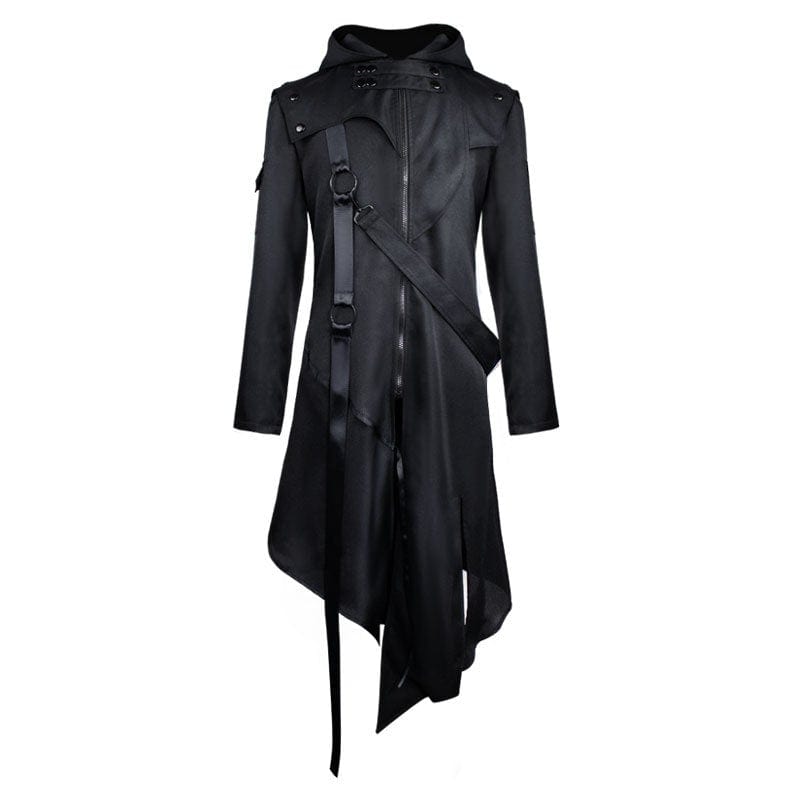 Kobine Men's Gothic Irregular Buckles Long Coat with Hood