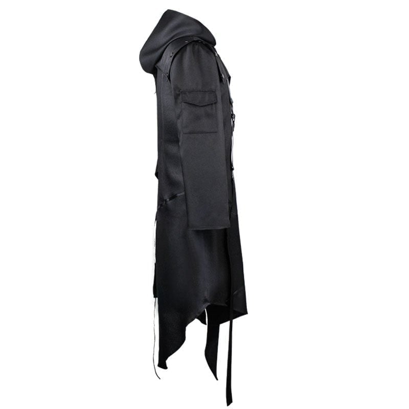 Kobine Men's Gothic Irregular Buckles Long Coat with Hood