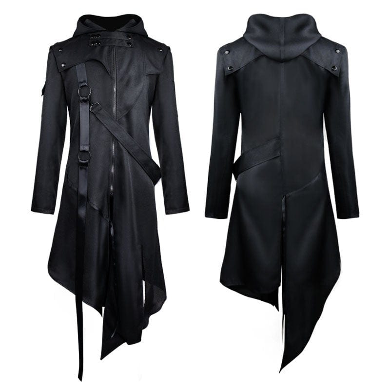 Kobine Men's Gothic Irregular Buckles Long Coat with Hood