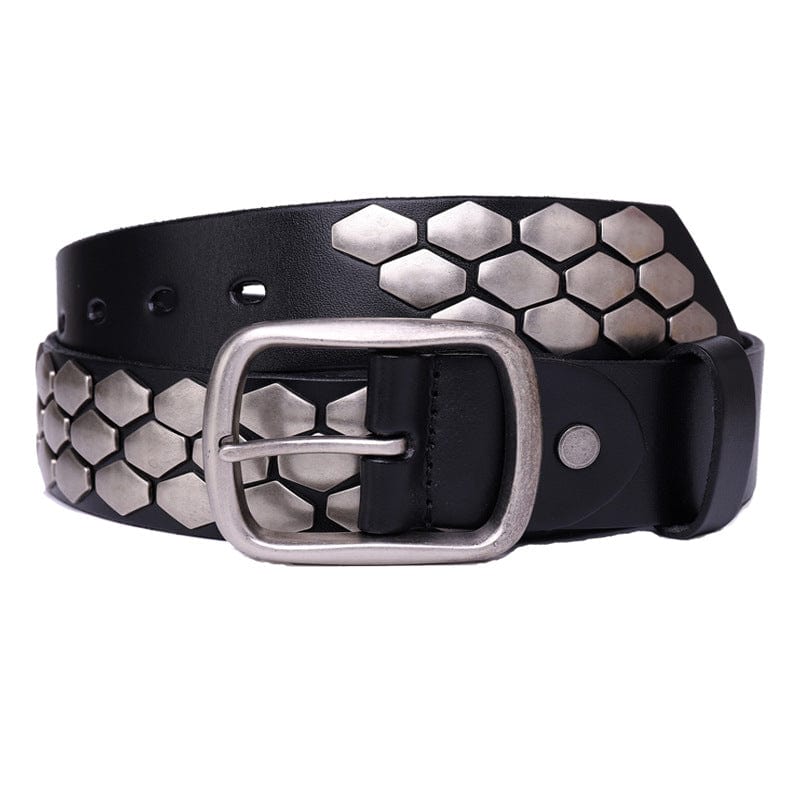 Kobine Men's Punk Fish Scale Flakes Rivets Leather Belt