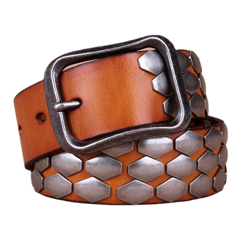 Kobine Men's Punk Fish Scale Flakes Rivets Leather Belt