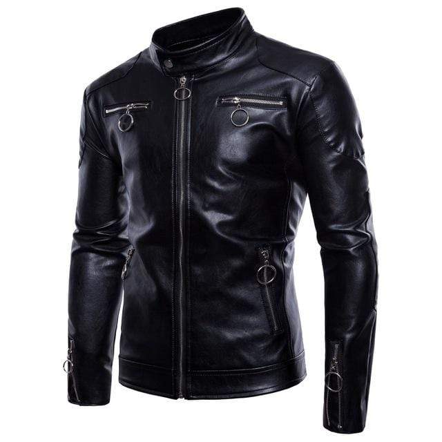 Men's Punk Stand Collar Multi-Pocket Faux Leather Jacket