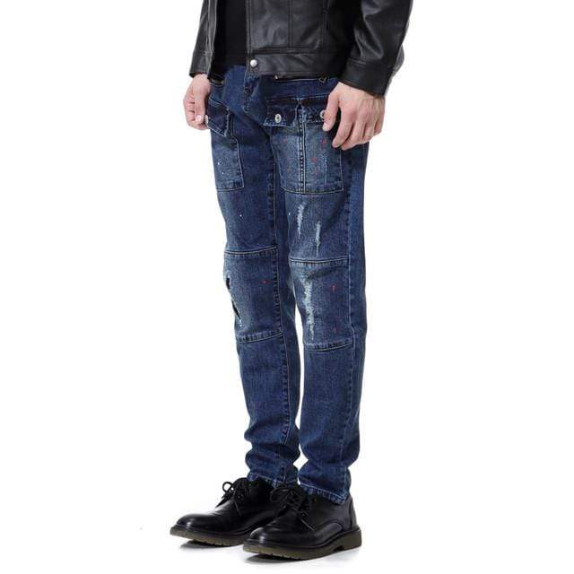 Men's Street Fashion Multi Pockets Ripped Denim Pants