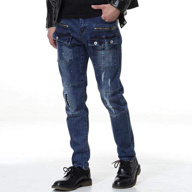 Men's Street Fashion Multi Pockets Ripped Denim Pants