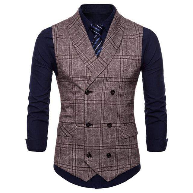 Men's V-Neck Double-breasted Plaid Slim Fit Suit Vests Formal Business Sleeveless Dress Suit