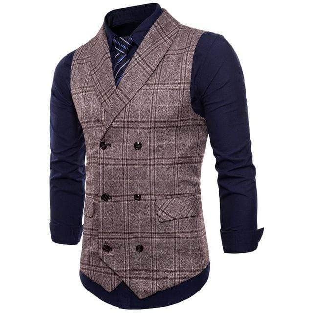 Men's V-Neck Double-breasted Plaid Slim Fit Suit Vests Formal Business Sleeveless Dress Suit