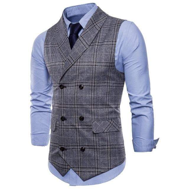 Men's V-Neck Double-breasted Plaid Slim Fit Suit Vests Formal Business Sleeveless Dress Suit