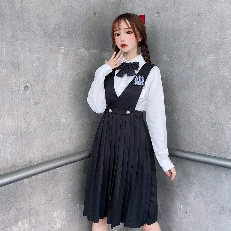 Women's Badge Pleated Overall Dresses Suspender Skirts