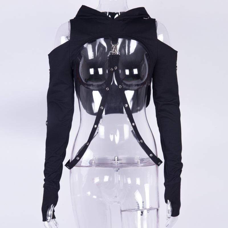 Women's Bare Shoulder Navel Cropped Hoodies With Sashes