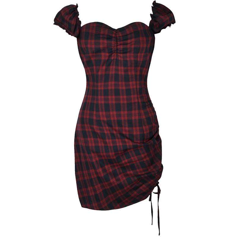 Women's Bubble Sleeved Ruched Plaid Slim Dresses