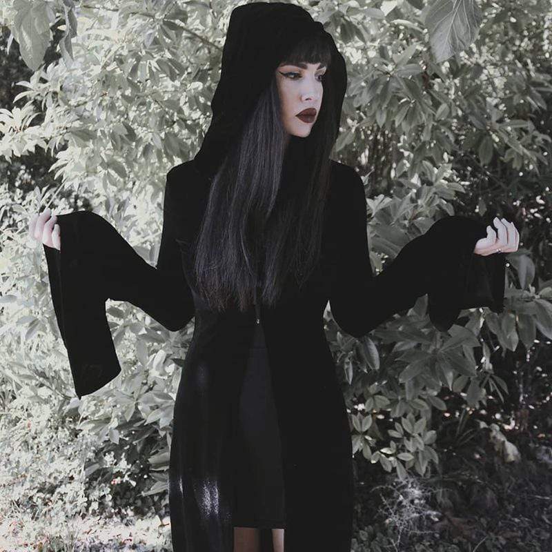 Women's Cross Zipper Fly Hooded Butterfly Sleeved Velvet Dresses