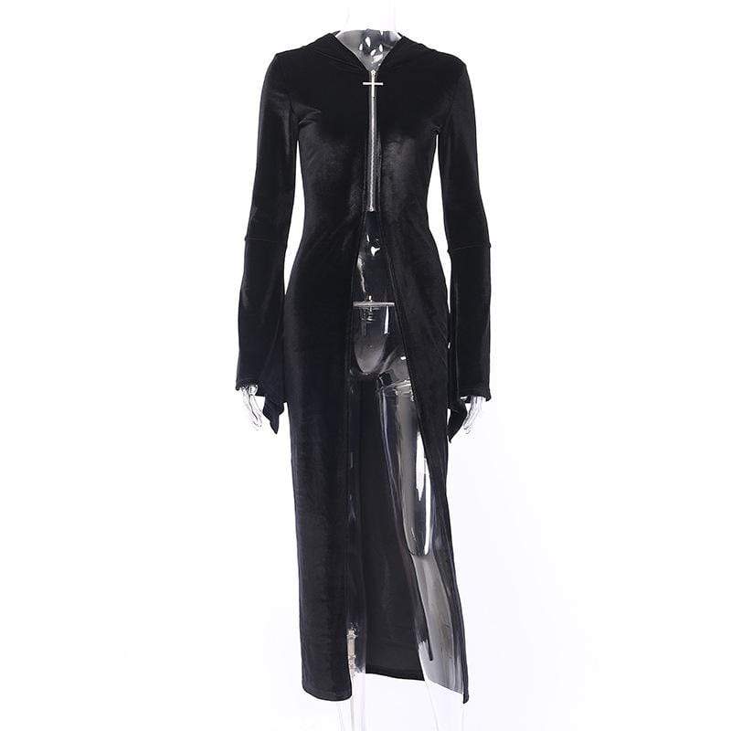 Women's Cross Zipper Fly Hooded Butterfly Sleeved Velvet Dresses