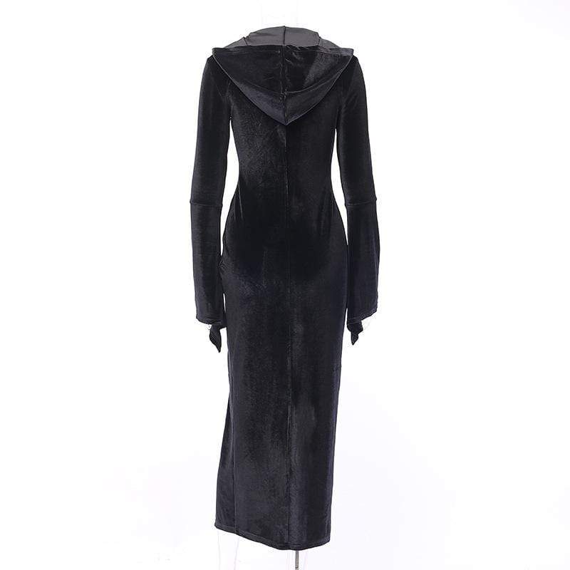 Women's Cross Zipper Fly Hooded Butterfly Sleeved Velvet Dresses
