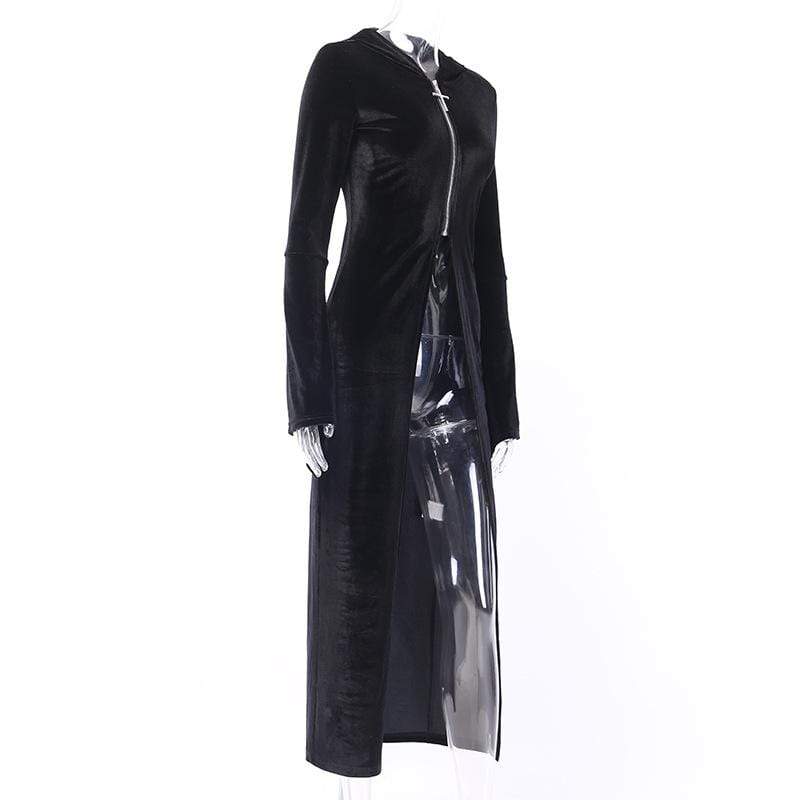 Women's Cross Zipper Fly Hooded Butterfly Sleeved Velvet Dresses