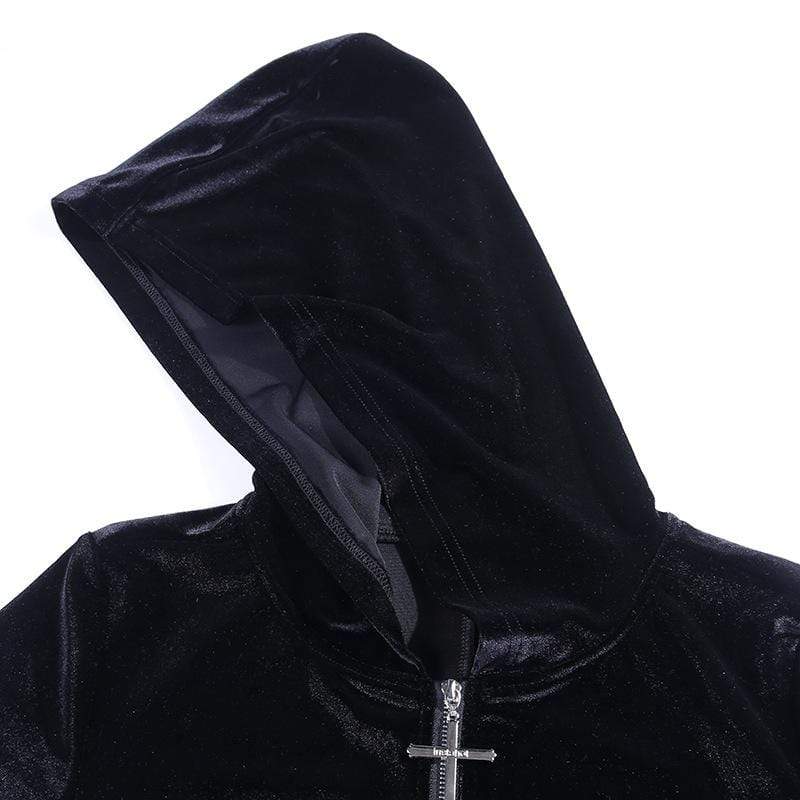 Women's Cross Zipper Fly Hooded Butterfly Sleeved Velvet Dresses
