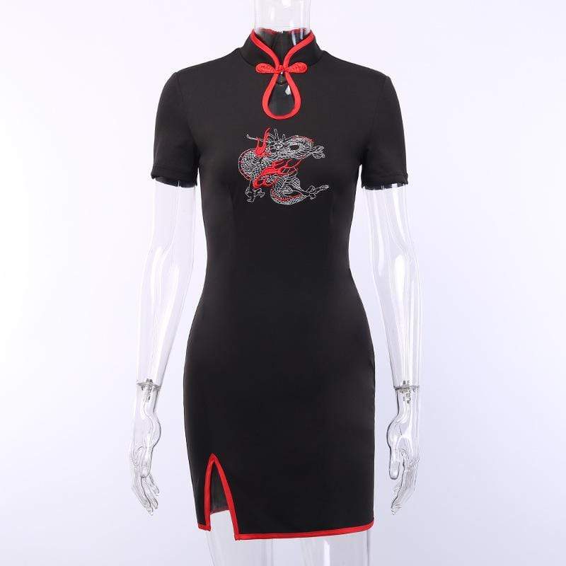 Women's Dragon Embroidered Slit Cheongsam Dresses