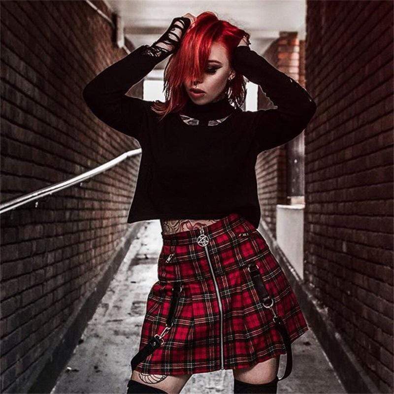 Women's Goth Front Zip Pleated Skirts with Straps