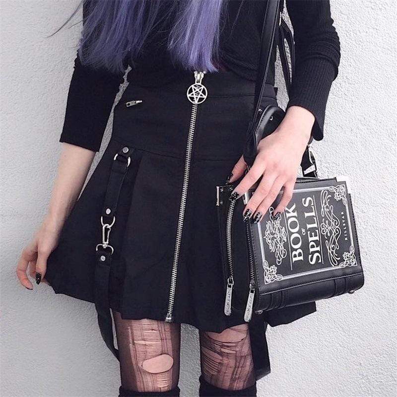 Women's Goth Front Zip Pleated Skirts with Straps