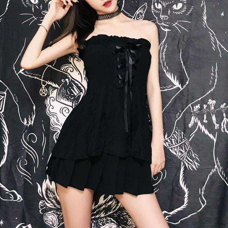 Women's Goth Lacing Ruffles Strapless Dress