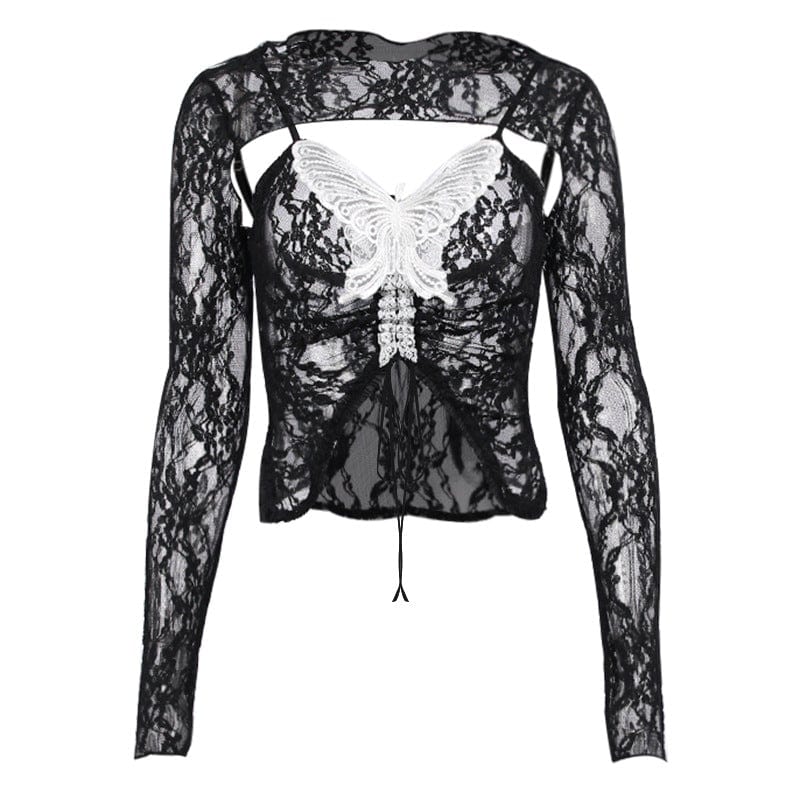 Kobine Women's Gothic Butterfly Embroidered Lace Two Pieces Top