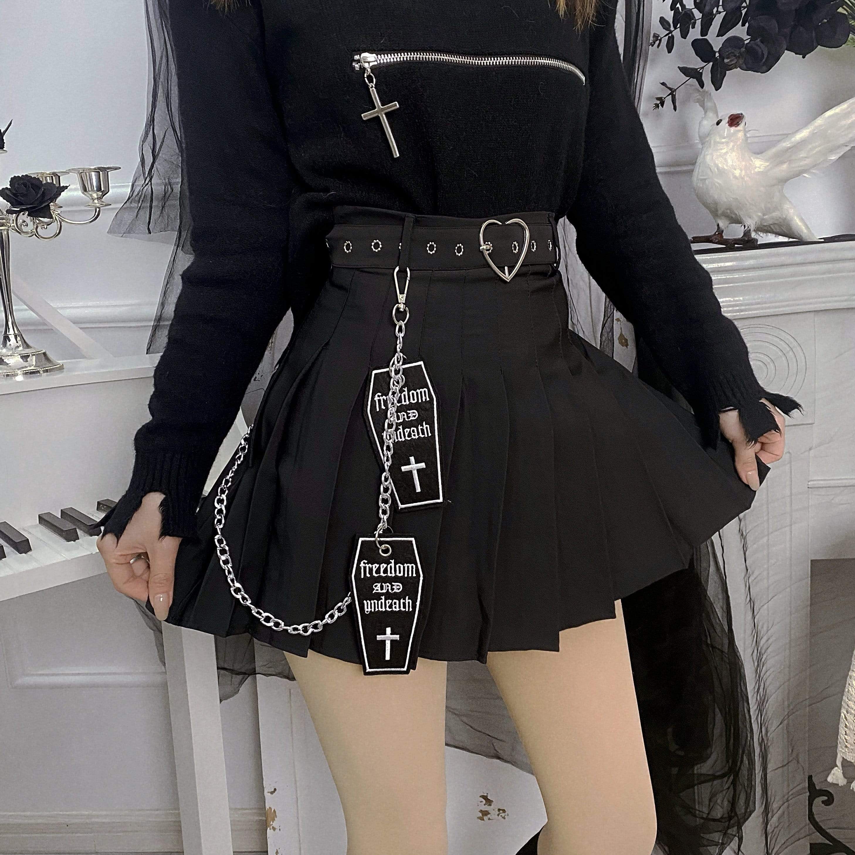 Women's Gothic Coffin Cross Pleated Skirts With Belts