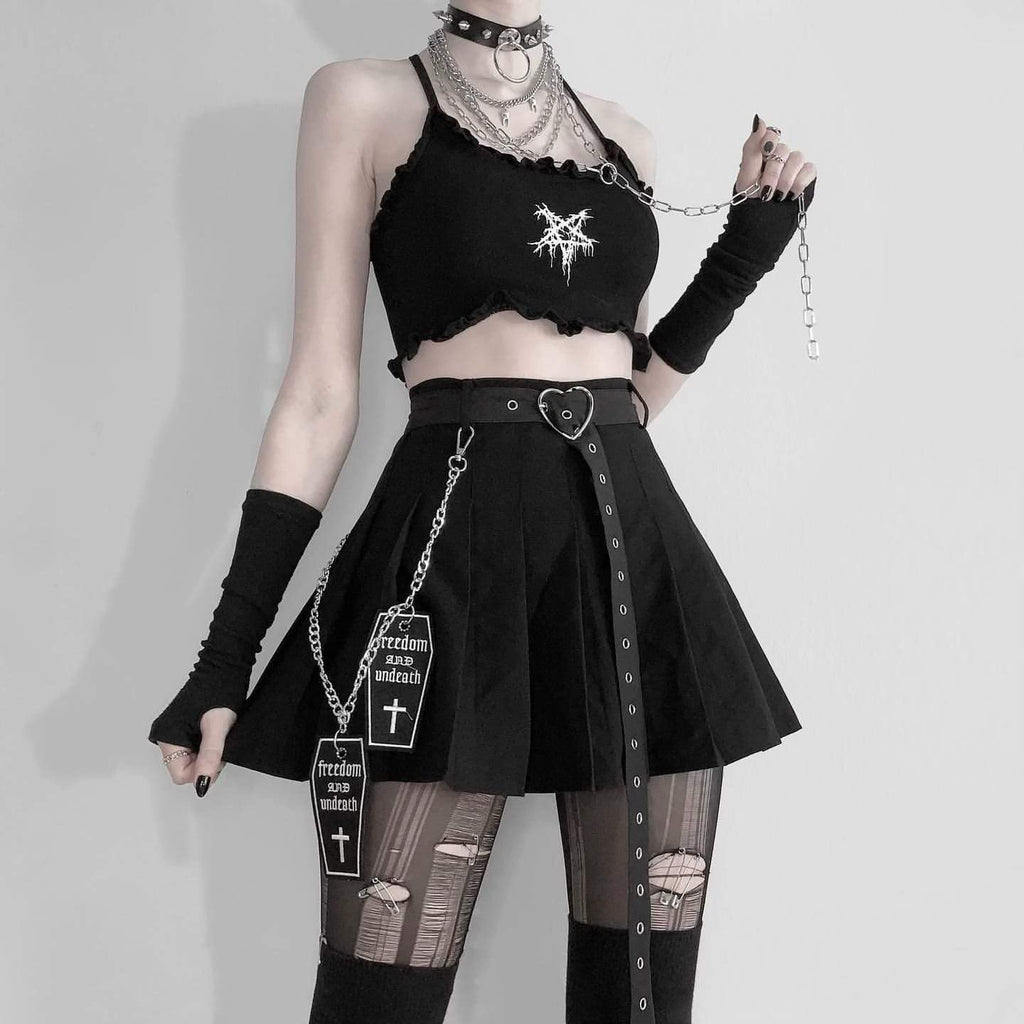 Women's Gothic Coffin Cross Pleated Skirts With Belts