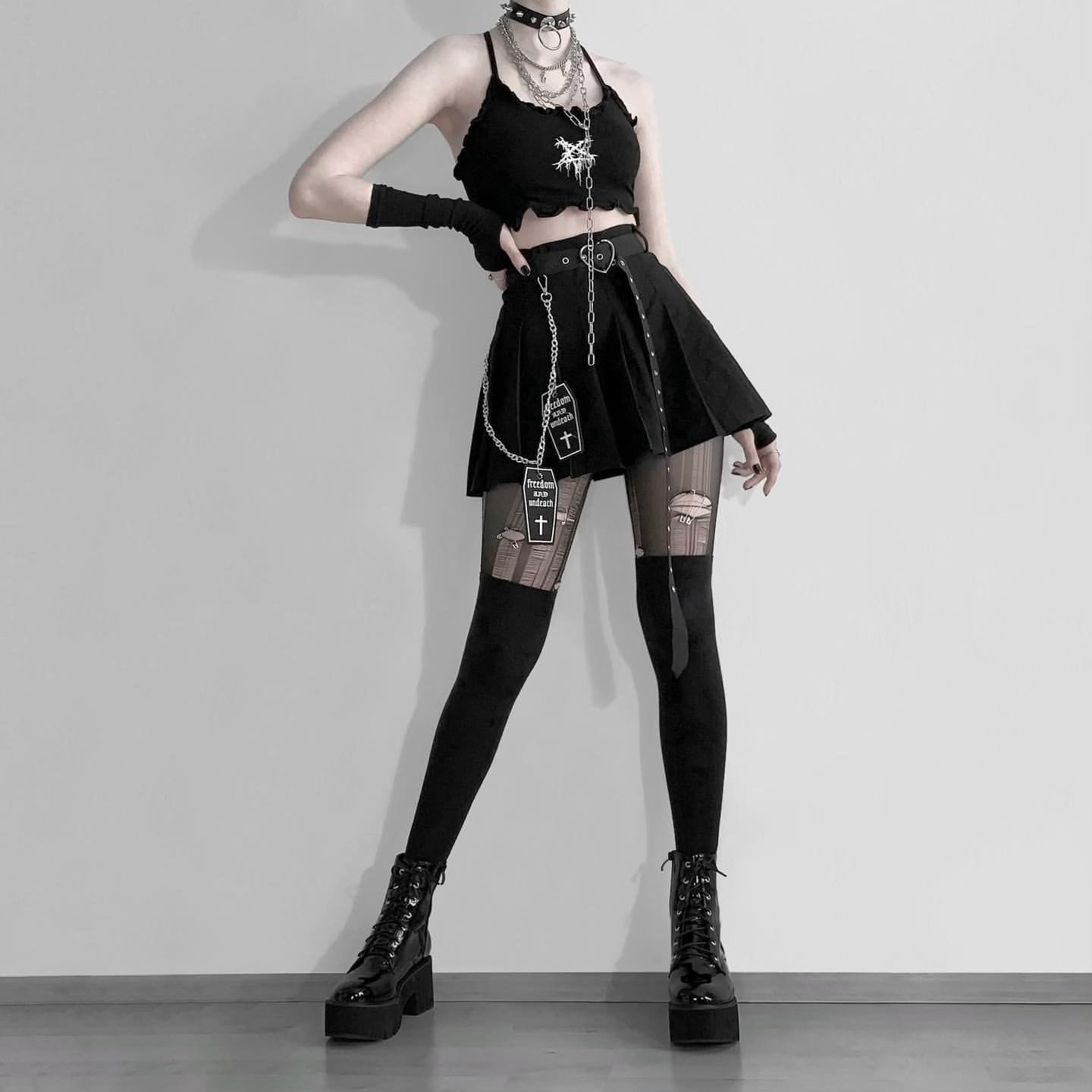 Women's Gothic Coffin Cross Pleated Skirts With Belts