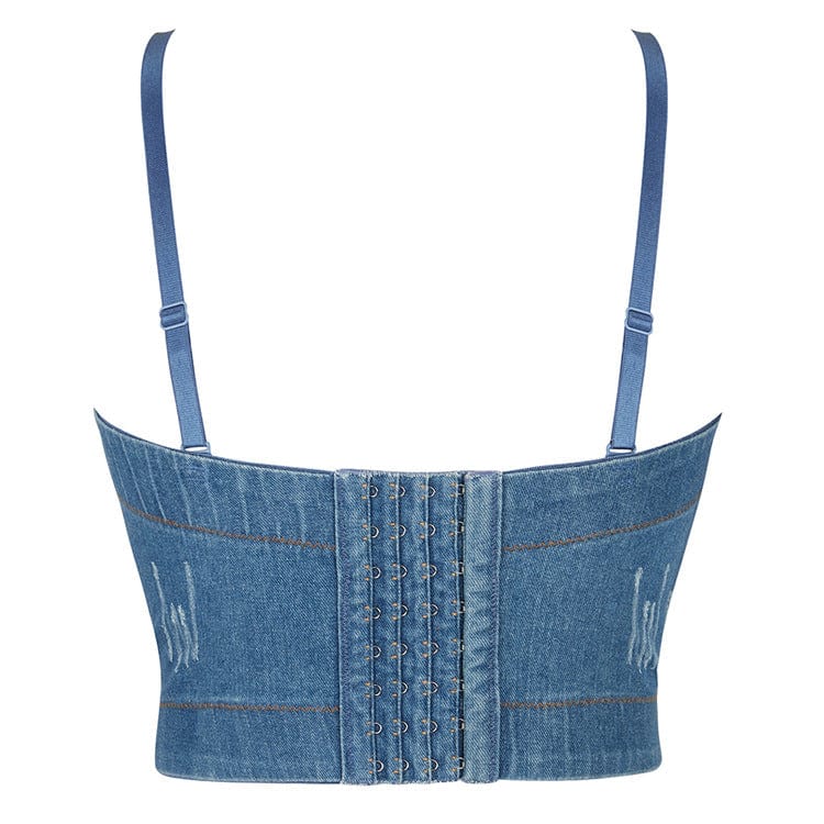 Kobine Women's Gothic Crystal Printed Denim Bustier