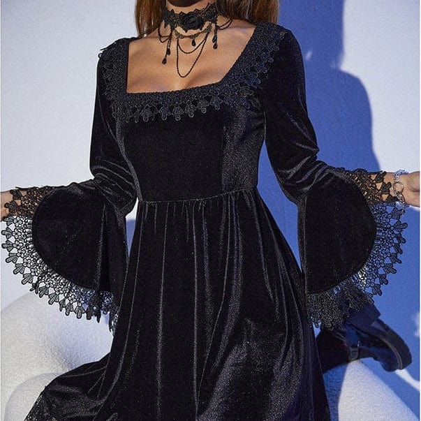 Kobine Women's Gothic Flared Sleeved Lace Hem Velvet Dress