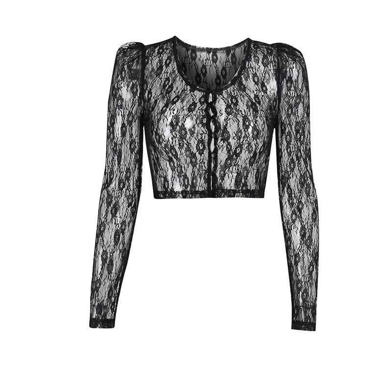 Kobine Women's Gothic Floral Lace Sheer Short Shirt