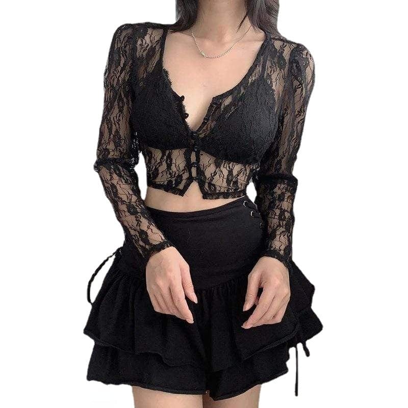 Kobine Women's Gothic Floral Lace Sheer Short Shirt