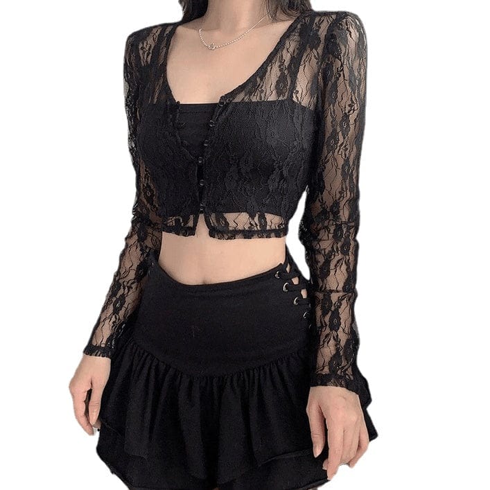 Kobine Women's Gothic Floral Lace Sheer Short Shirt