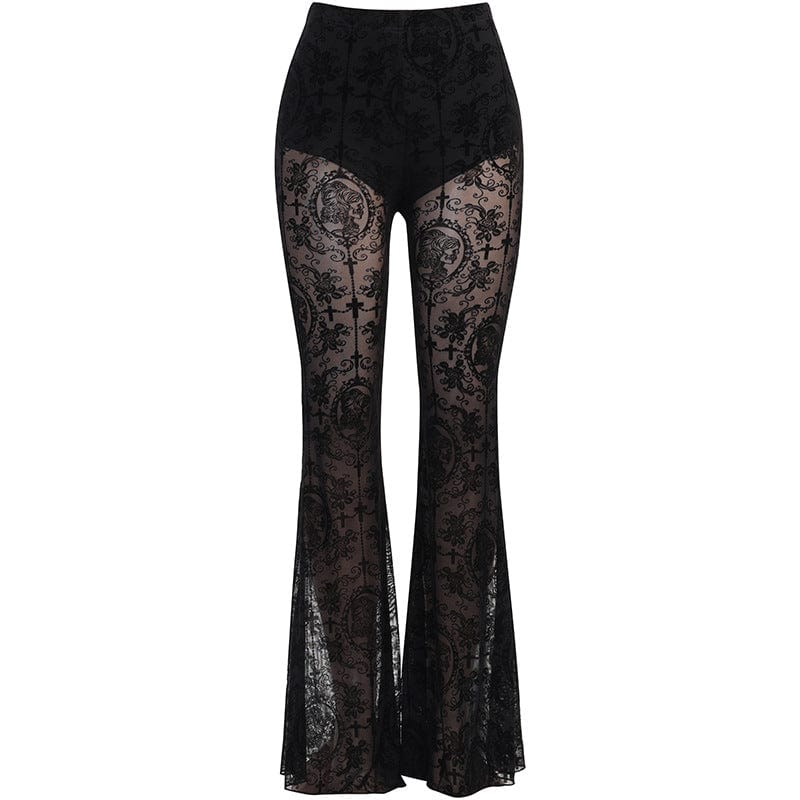 Kobine Women's Gothic High-waisted Floral Lace Sheer Bell-bottoms