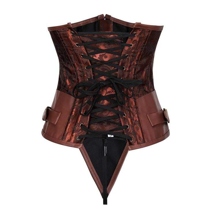 Kobine Women's Gothic Jacquard Splicing Faux Leather Chains Overbust Corsets With T-back