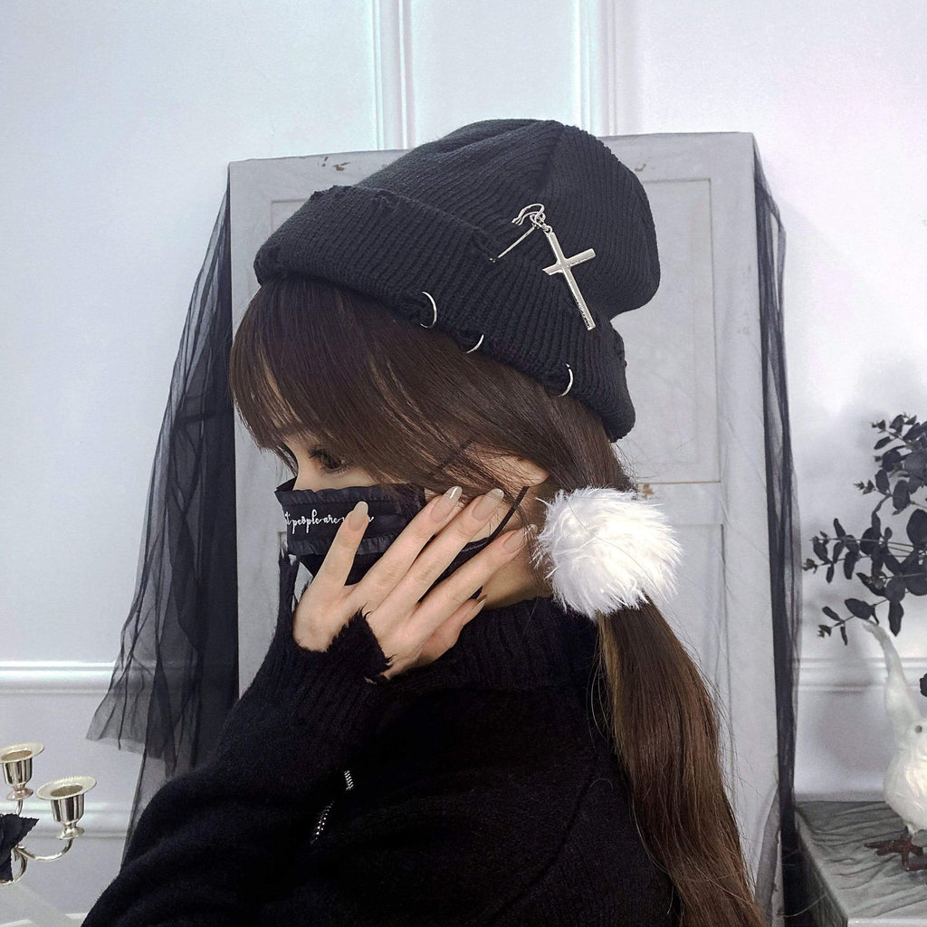 Women's Gothic Knitted Caps With Cross Pin