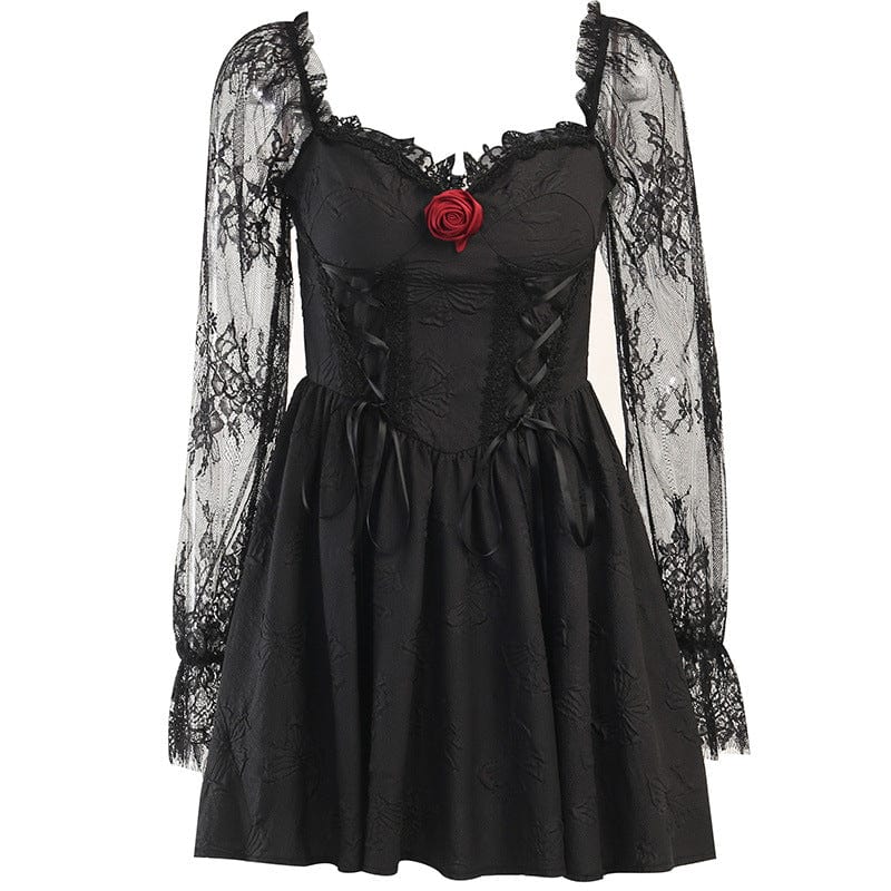 Kobine Women's Gothic Lace Sleeved Rose Draped Dress