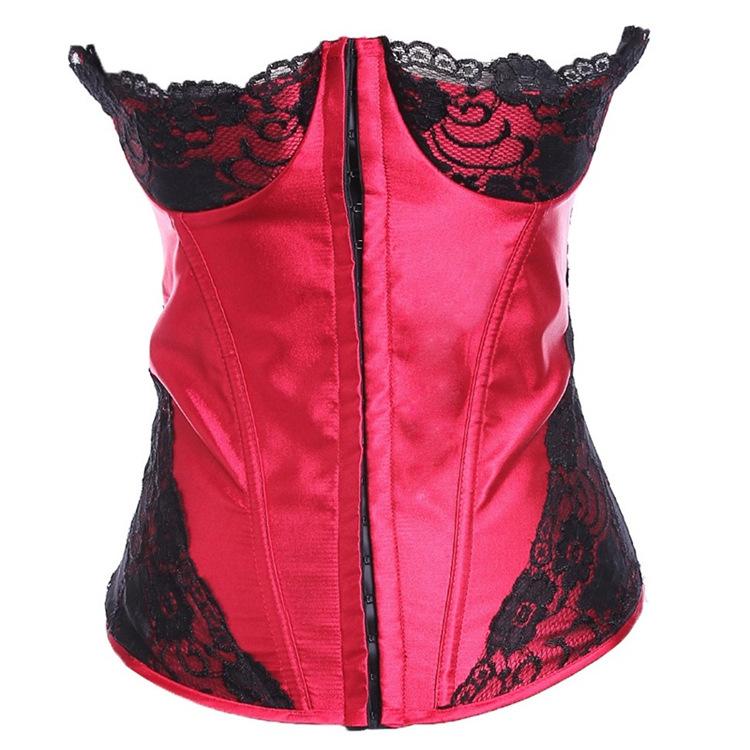 Women's Gothic Lace Splicing Satin Front Zip Overbust Corsets With T-back