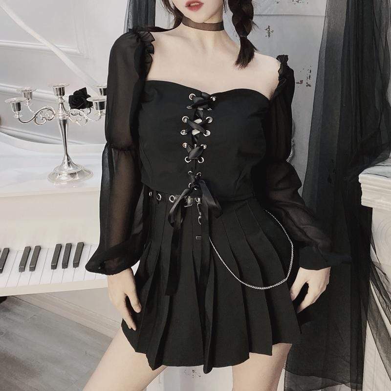 Women's Gothic Lace-up Off Shoulder Sexy Mesh Tops