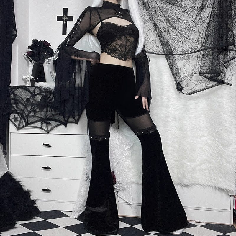 Kobine Women's Gothic Mesh Splice Velvet Flared Pants