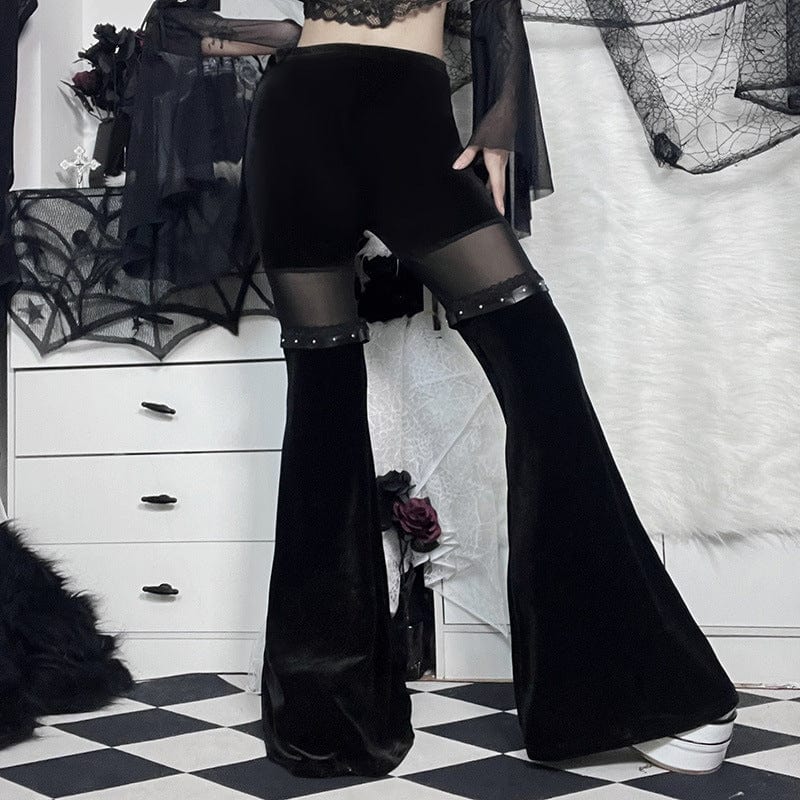 Kobine Women's Gothic Mesh Splice Velvet Flared Pants