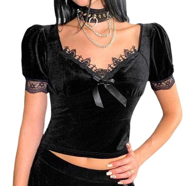 Kobine Women's Gothic Puff Sleeved Lace Splice Crop Top