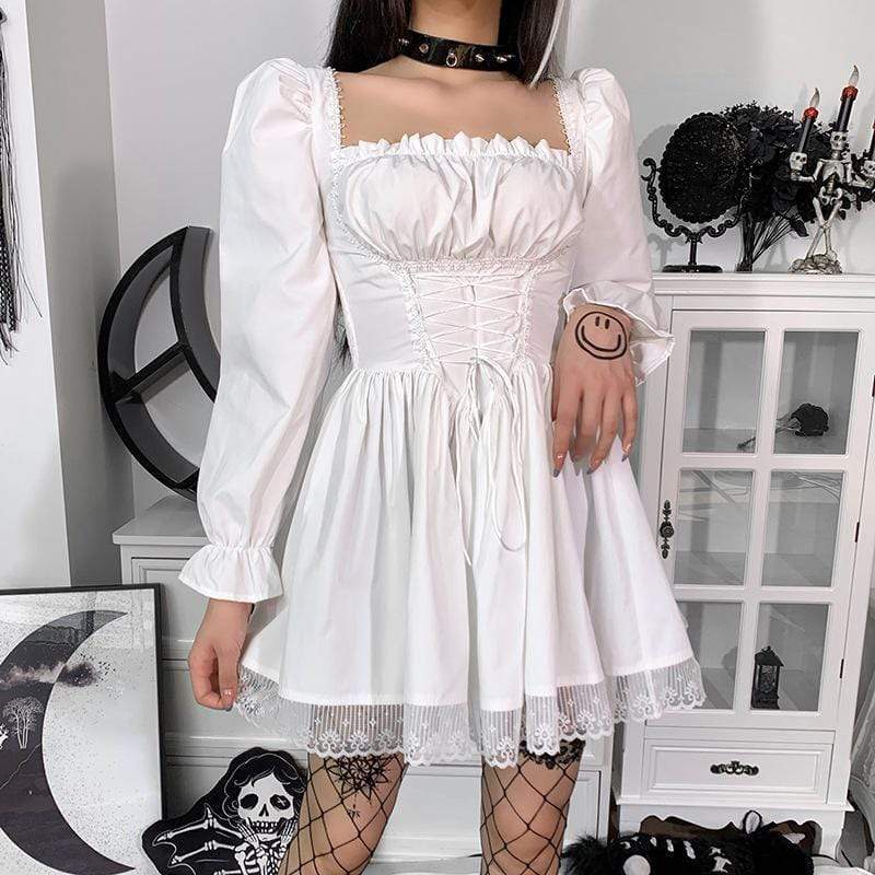 Women's Gothic Puff Sleeved Strappy Ruched Dress